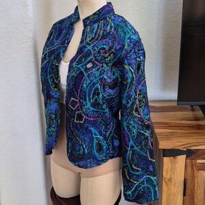 Y2k-Chico's-100% Silk Open Jacket w/ embroidery, mesh & beading Abstract Design